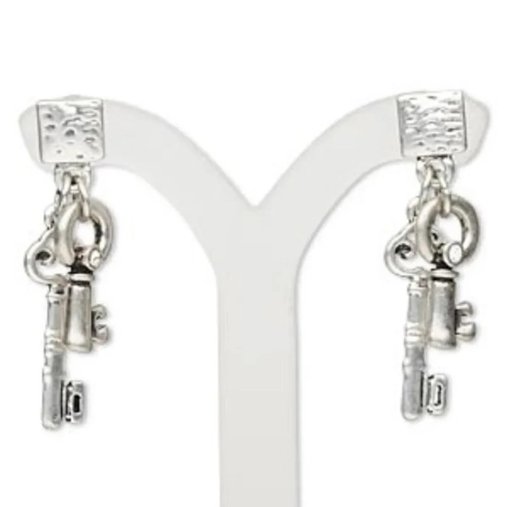 Antique Silver Skeleton Keys Austrian Crystal Square Post Dangle Earrings